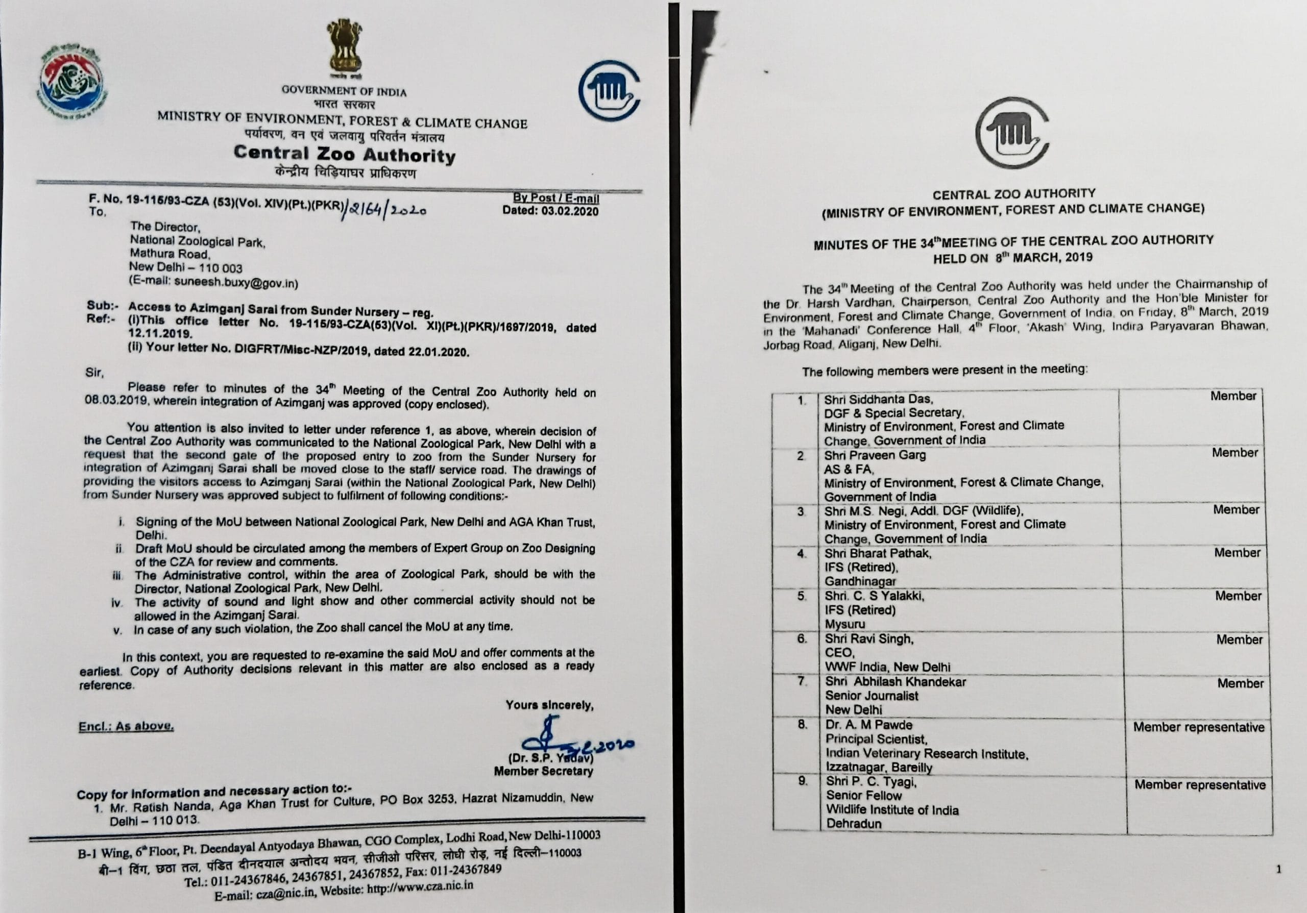 Letter by the Central Zoo Authority regarding access for visitors from Sunder Nursery to Azimganj Serai | Photo: AKTC