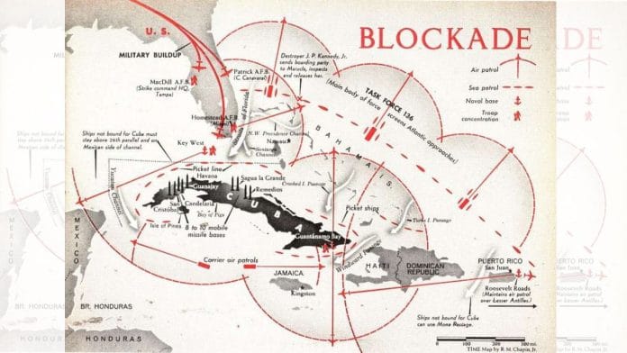 TIME map drawn up by cartographer Robert M Chapin Jr showing Soviet missile installations in Cuba and American naval blockade of the island | Picryl