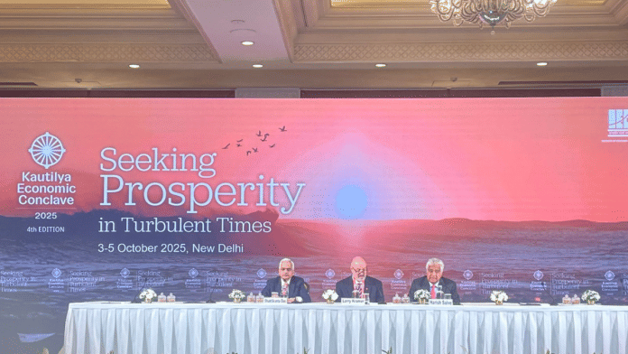 From L-R: Shaktikanta Das, Principal Secretary to PM Modi; Larry Kramer, Vice-Chancellor of London School of Economics and Political Science; and former Solicitor General Harish Salve | Udit Hinduja | ThePrint