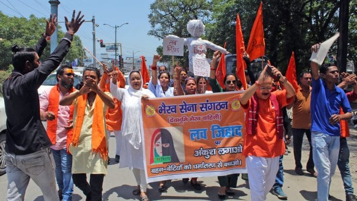 Representational | Members of Bhairav Sena Sangathan protesting ‘love jihad' in Dehradun on 4 June, 2023 | ANI