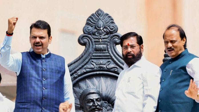 Maharashtra Chief Minister Devendra Fadnavis (left) with his deputies and Mahayuti allies Eknath Shinde (centre) and Ajit Pawar | Photo: ANI