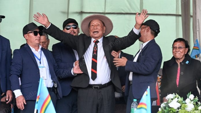 NSCN (Isak-Muivah) general secretary Thuingaleng Muivah greeting supporters at Senapati on 29 October, 2025 | ThePrint/Suraj Singh Bisht