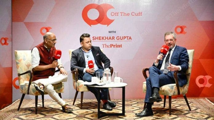 Russian Ambassador to India Denis Alipov at ThePrint's Off The Cuff with Editor-in-Chief Shekhar Gupta and Defence and Diplomacy Editor Snehesh Alex Philip | Ankit Roy