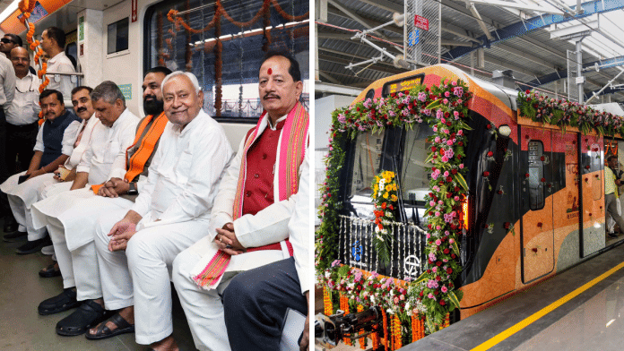 CM Nitish Kumar, along with Deputy CM Samrat Choudhary and Vijay Kumar Sinha, travel on the metro after inaugurating the first phase of Patna Metro on 6 October 2025. | PTI