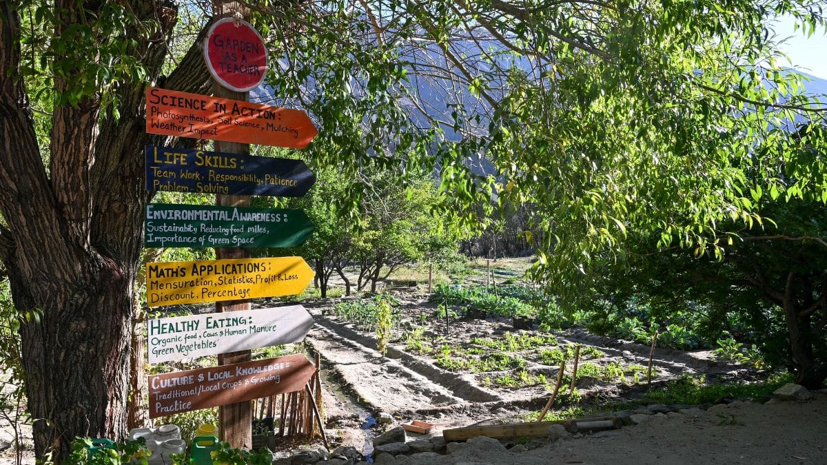 Signage on SECMOL campus, Ladakh’s Phey village, explaining the lessons nature holds for us. SECMOL was conceptualised by a group of Ladakhis, most prominently climate and education activist Sonam Wangchuk. | Suraj Singh Bisht | ThePrint