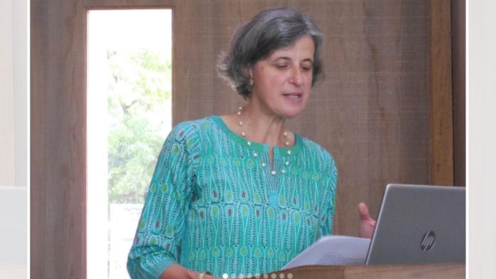 Professor Francesca Orsini delivering a lecture last year | Credit: ijtihad.lsr/Instagram