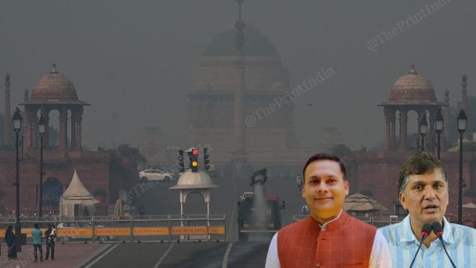 The air pollution in Delhi, following Delhi celebrations. (Inset) Amit Malviya and Saurabh Bhardwaj | Suraj Singh Bisht | ThePrint, ANI