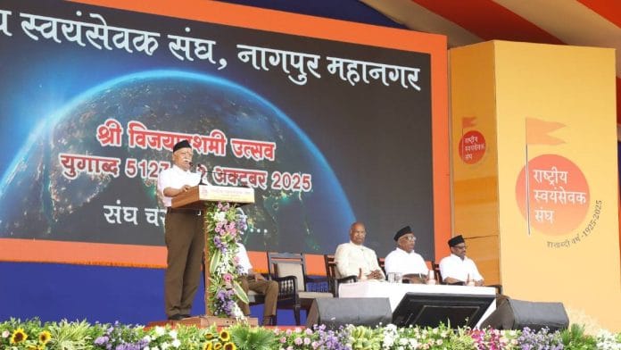 RSS chief Mohan Bhagwat speaks on Vijayadashami in Nagpur Thursday | Photo: X/@RSSorg