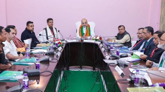 File photo of Tipra Motha leaders, led by party founder Pradyot Debbarman, with Union Home Minister Amit Shah and Tripura Chief Minister Manik Saha in Agartala | ANI