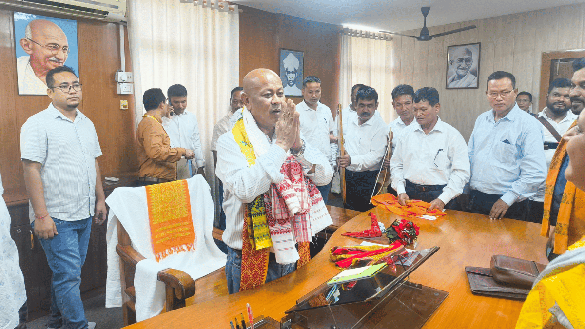 Hagrama Mohilary greeting BPF leaders and workers at his office after taking charge as BTC chief earlier this month | Sourav Roy Barman | ThePrint
