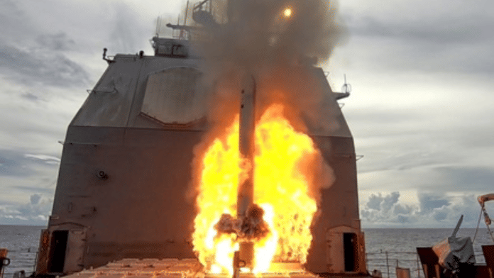 File photo of guided-missile cruiser USS Antietam (CG 54) launching a Tomahawk land-attack cruise missile (TLAM) | X/@USNavy ·
