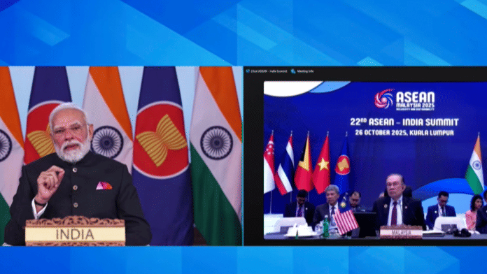 Prime Minister Narendra Modi virtually addresses ASEAN-India Summit 2025 via video conferencing on Sunday | Screengrab/PTI