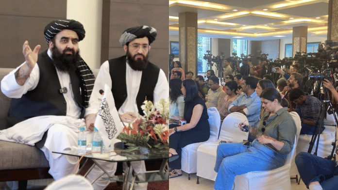 Afghanistan's Acting Foreign Minister Amir Khan Muttaqi addressed a press conference in Delhi Sunday. It was also attended by female journalists. | Saqiba Khan & Keshav Padmanabhan/ThePrint