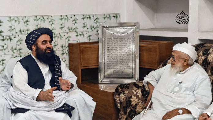 Afghanistan Foreign Affairs Minister Amir Khan Muttaqi with Jamiat Ulama-e-Hind President Maulana Arshad Madani at Darul Uloom Deoband on Saturday | PTI