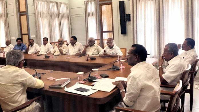 File photo of Kerala CM Pinarayi Vijayan, LDF convenor TP Ramakrishnan, CPM state secretary MV Govindan, CPI state secretary Binoy Viswam and other leaders at the LDF meeting in Thiruvananthapuram in February | ANI