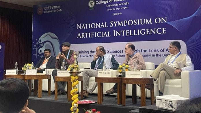 Former Delhi University Vice-Chancellor Dinesh Singh addresses the audience at the National Symposium on Artificial Intelligence: Re-examining the Social Sciences Through the Lens of Artificial Intelligence & IT on Wednesday | Triya Gulati, ThePrint