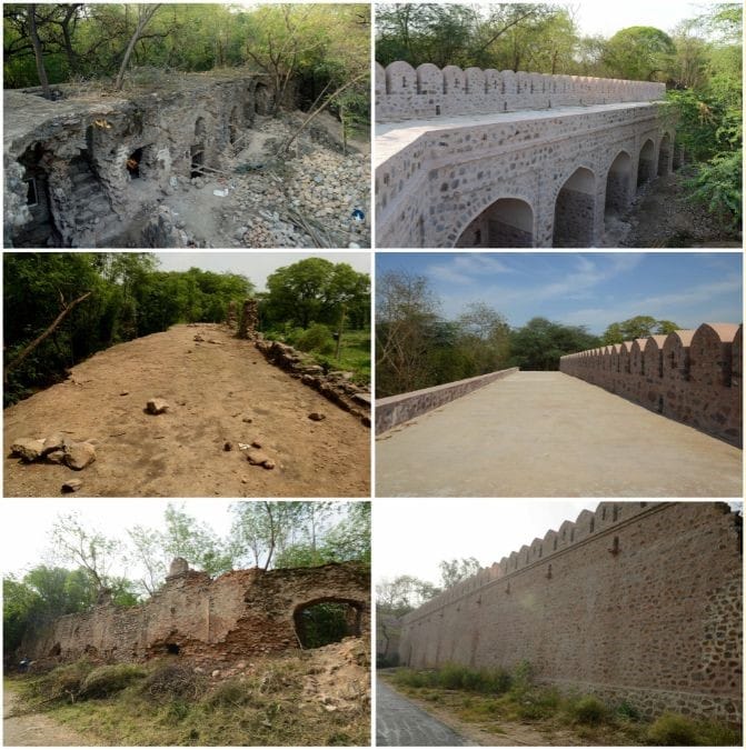 A set of pictures of the Azimganj Serai showing a before-and-after conservation comparison | Photo: AKTC