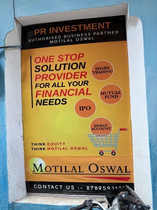 A Motilal Oswal banner outside the firm's Babu Bazar office | Photo: Jyoti Yadav, ThePrint