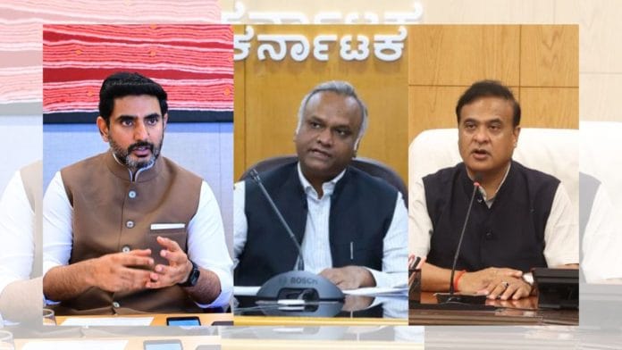 File photos (L-R): Andhra Pradesh IT minister Nara Lokesh, Karnataka IT minister Priyank Kharge, and Assam Chief Minister Himanta Biswa Sarma | X