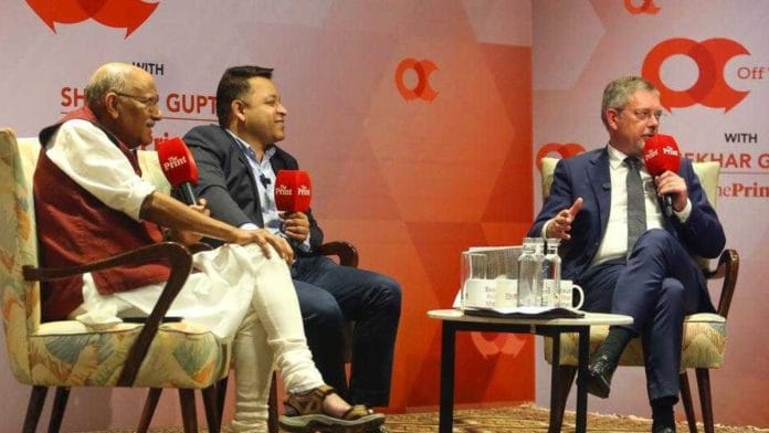 Russian Ambassador to India, Denis Alipov at ThePrint's Off The Cuff with Editor-in-Chief Shekhar Gupta, and Defence and Diplomacy Editor Snehesh Alex Philip, Tuesday | Ankit Roy | ThePrint