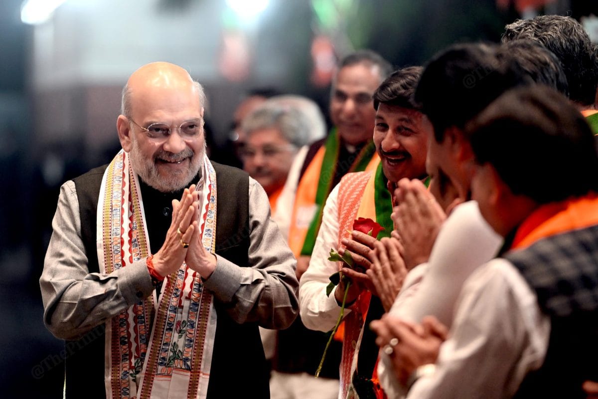 Home Minister Amit Shah welcomed by party leaders at the BJP headquarters in Delhi | Suraj Singh Bisht | ThePrint