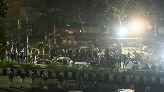 Investigators at site of explosion near Red Fort, Delhi on 10 November, 2025 | ThePrint/Suraj Singh Bisht