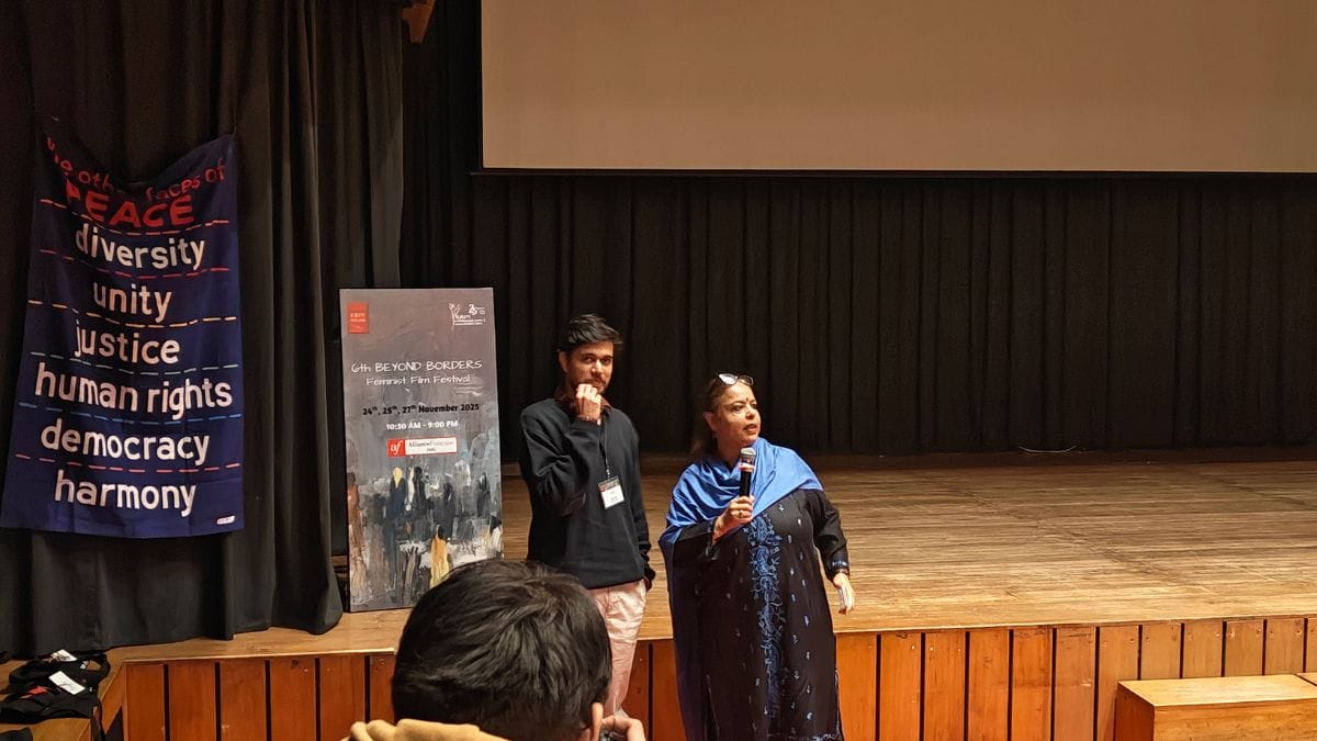 Aanchal Kapur addressed the audience after the screening, urging people to share their thoughts | Photo: Tina Das, ThePrint