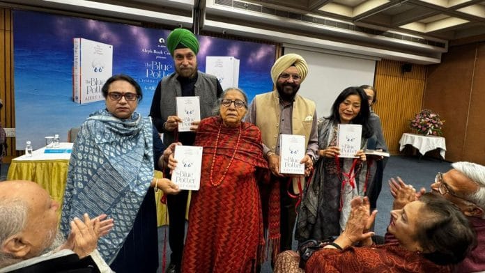 Author Ajeet Cour, supported up by other panellists, posing for a photo at her book launch at IIC, New Delhi