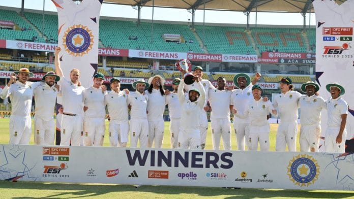 The South African cricket team celebrating after beating India in the second Test on Wednesday | Photo: X/@ICC