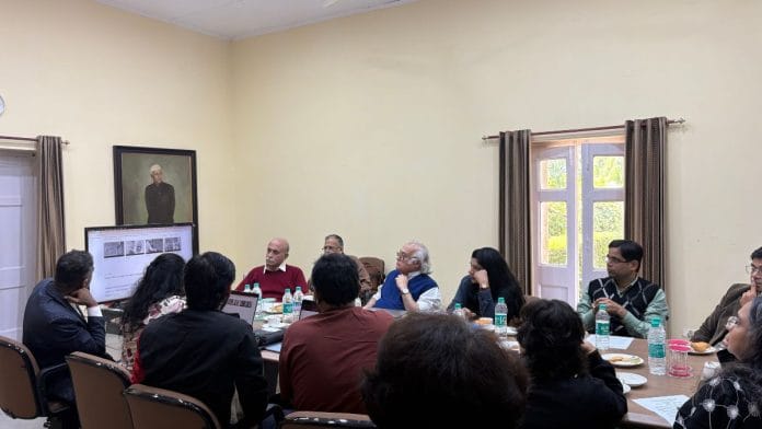 Historian Madhavan Palat (in red) said that the team only worked with materials already public; if privately held collections are offered, they will accept them. | Sakshi Mehra | ThePrint