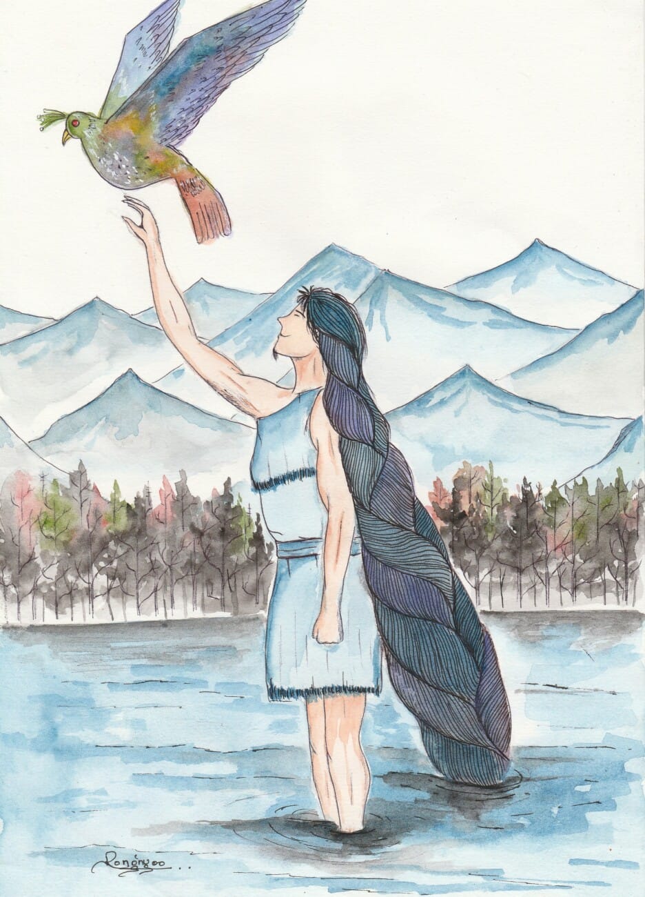 Depiction of Rangeet with his guide, a bird