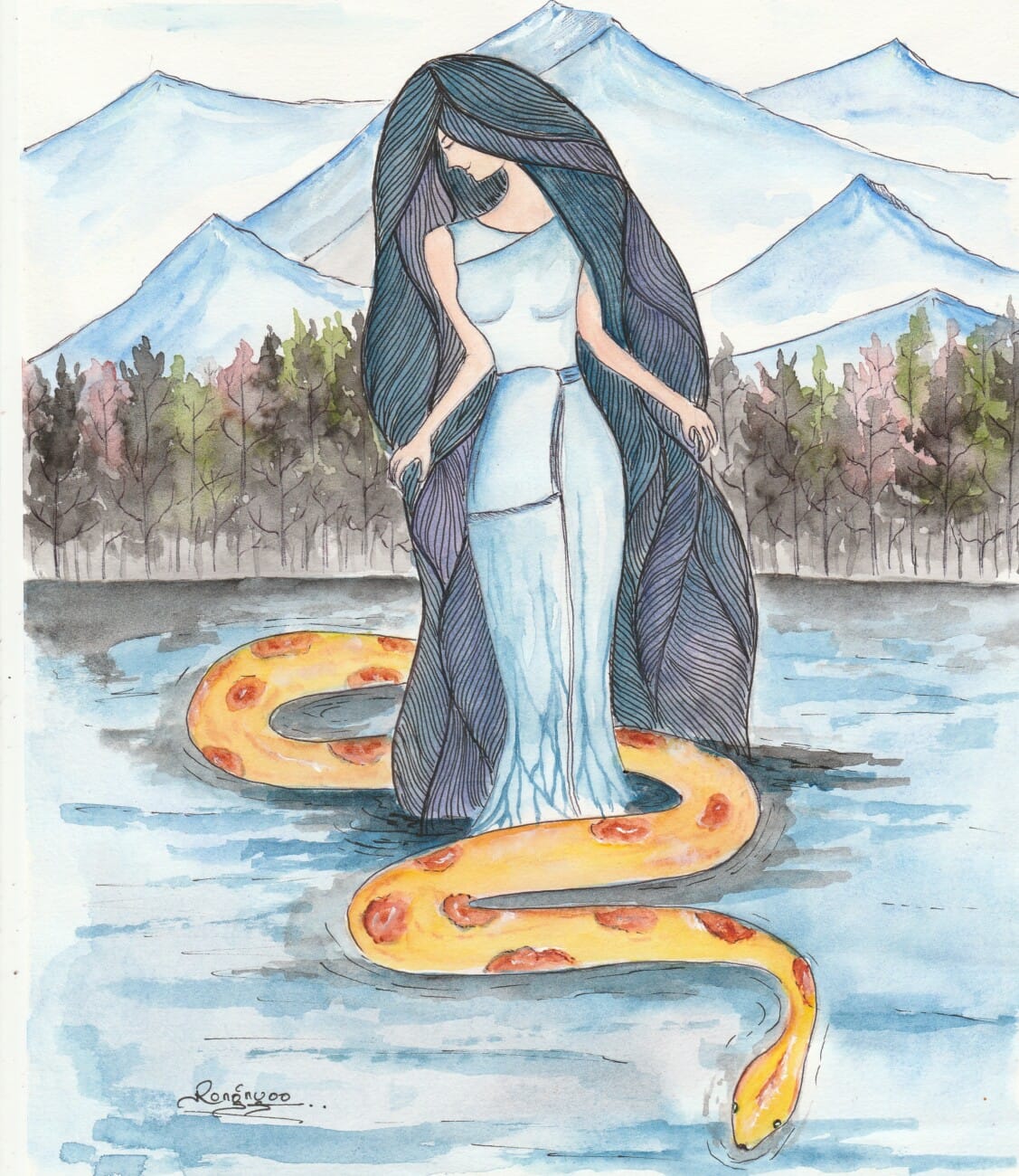 Depiction of Rongnyu with her guide, a serpent