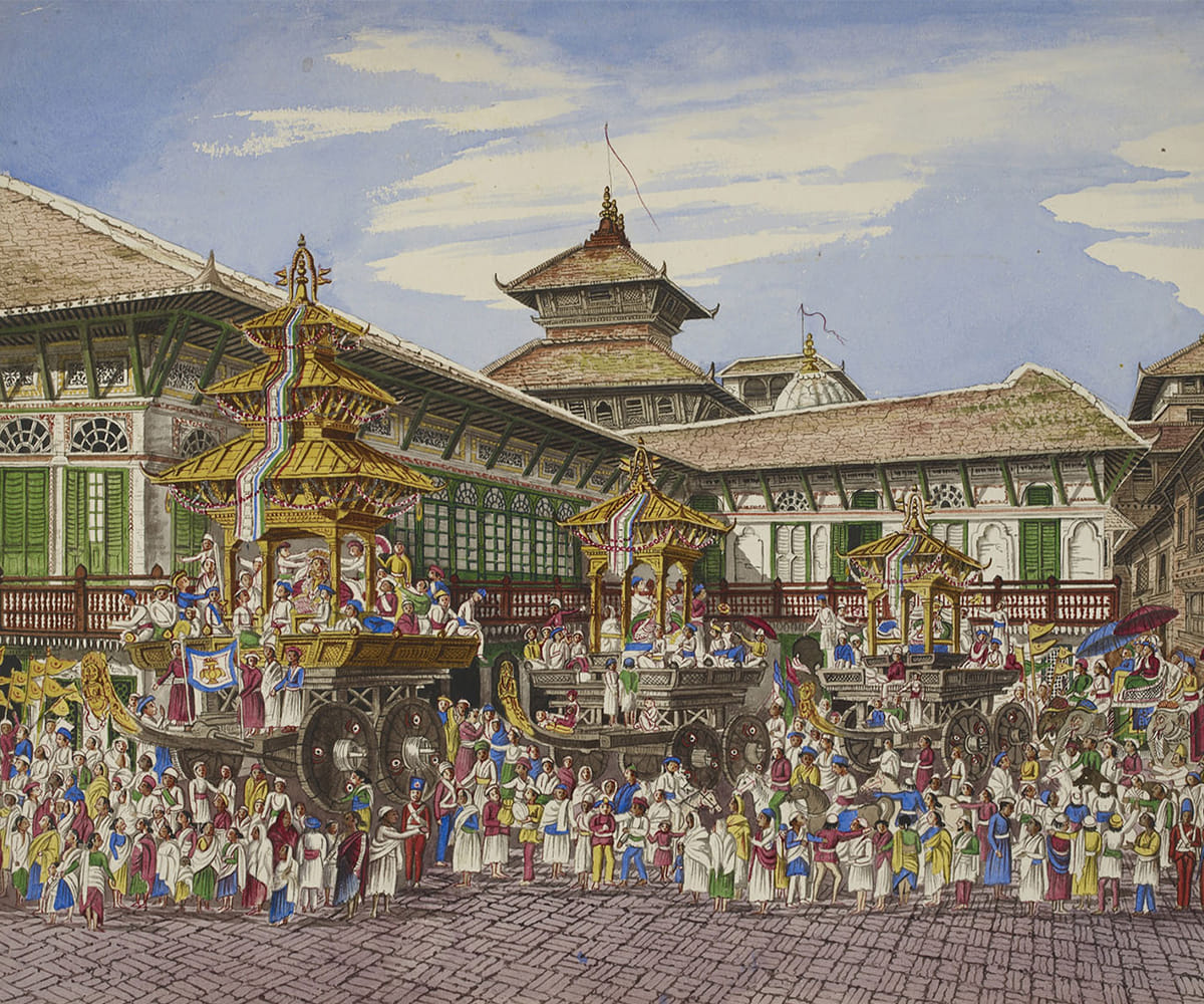 Three temple cars during the Kumari Jatra festival outside the Hanuman Dhoka complex, Henry Ambrose Oldfield, Kathmandu, Nepal, c. 1850–1863 | Wikimedia Commons