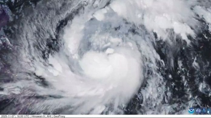 A satellite image shows Storm Fung-Wong, which has intensified into a typhoon, according to the Cooperative Institute for Research in the Atmosphere (CIRA), over the Philippine Sea on 7 November 2025. | CSU/CIRA & JMA/JAXA | Handout via Reuters
