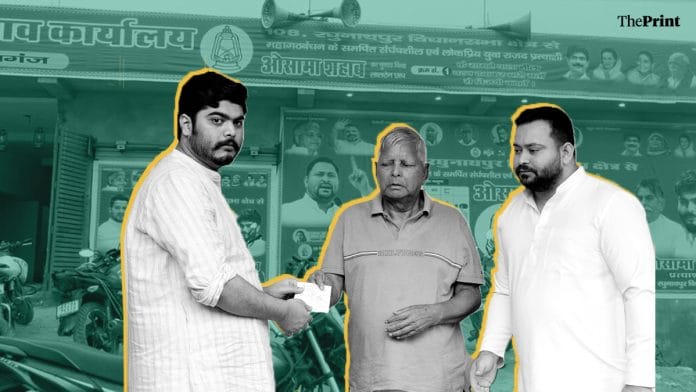 Osama Shahab with RJD leaders Lalu Prasad Yadav and Tejashwi Yadav at the time of his joining the Rashtriya Janata Dal | Illustration: Shruti Naithani /ANI