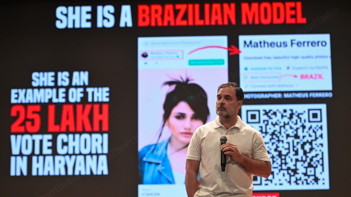 Rahul Gandhi alleging Haryana polls were rigged, at press conference in New Delhi | ThePrint/Suraj Singh Bisht