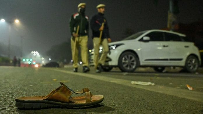 Police personnel at the site near the Red Fort metro station where the car exploded | Suraj Singh Bisht | ThePrint