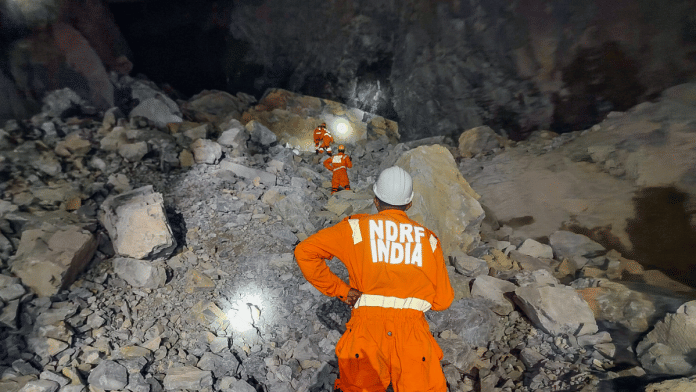 NDRF personnel conduct a night-time search & rescue operation over massive debris at the collapsed Billi Markundi quarry, as teams move through the rubble to locate trapped workers, in Sonbhadra|. X/@NDRFHQ