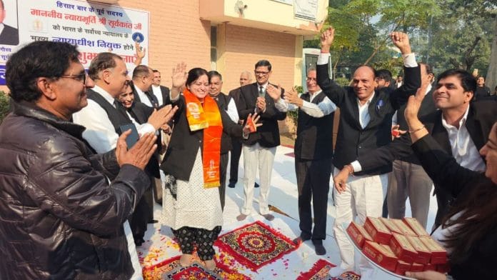 Additional District and Sessions Judge Natasha Sharma celebrates by dancing with advocates outside the court in Hisar | By Special Arrangement | ThePrint