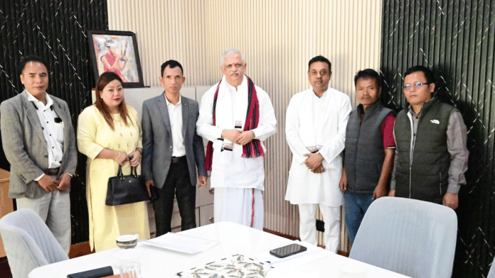 BJP general secretary (organisation) B.L.Santhosh and party leader Sambit Patra with party office-bearers from Churachandpur district. | Picture: X/@sambitswaraj
