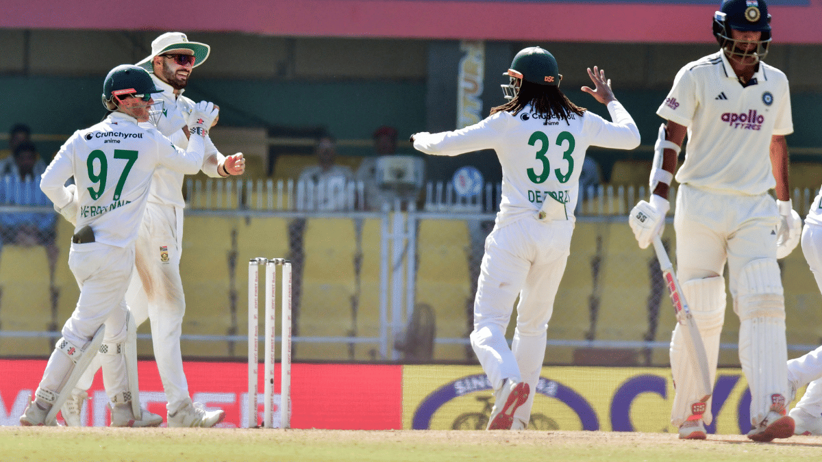 South Africa players celebrate the wicket of India batter Washington Sundar. | ANI