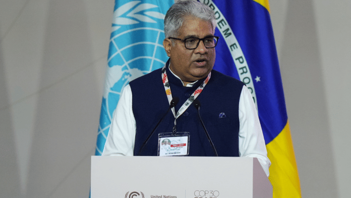 Union Environment Bhupender Yadav represents India during a plenary session at COP30 UN Climate Summit in Belem, Brazil | AP via PTI