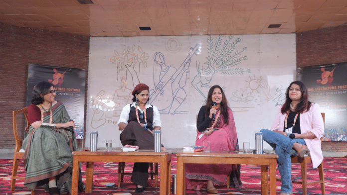 Storyteller-trainer Payal Raman with authors Vasundhara Kashyap, Richa S. Mukherjee, and Hemangini Dutta Majumder at a session of 1st Jindal Literature Festival in Hisar | Credit: Jindal Literature Festival