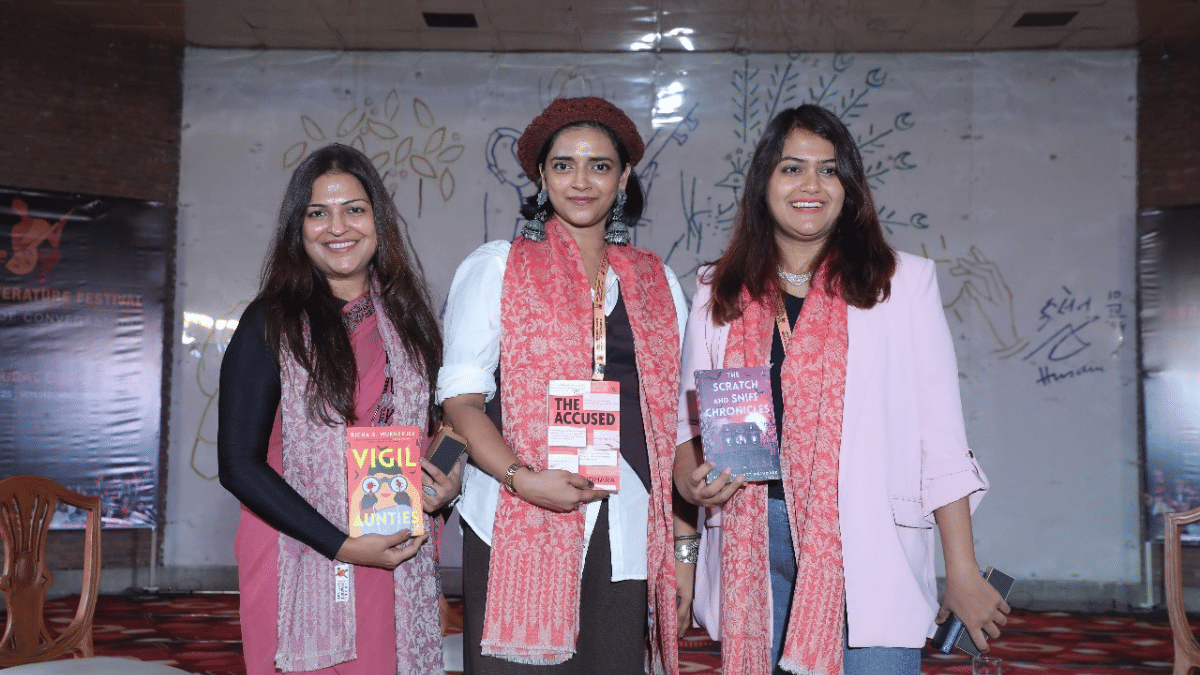 Authors Richa S. Mukherjee, Vasundhara Kashyap, and Hemangini Dutta Majumder showcase their novels at 1st Jindal Literature Festival in Hisar | Credit: Jindal Literature Festival