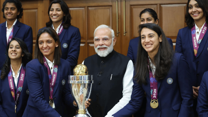Skipper Harmanpreet Kaur and her deputy Smriti Mandhana present the ICC Women's ODI World Cup trophy to Prime Minister Narendra Modiji at PM's official residence on Thursday | X/@BCCIWomen