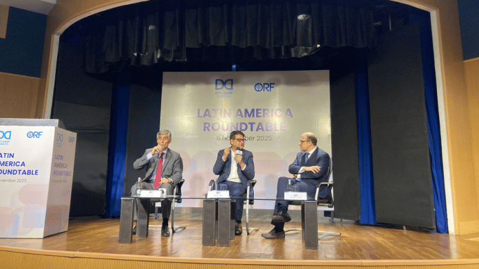 Chilean ambassador Juan Angulo and Argentinan ambassador Mariano Caucino with ORF's Harsh V. Pant at B.R. Ambedkar International Centre in New Delhi | Keshav Padmanabhan | ThePrint