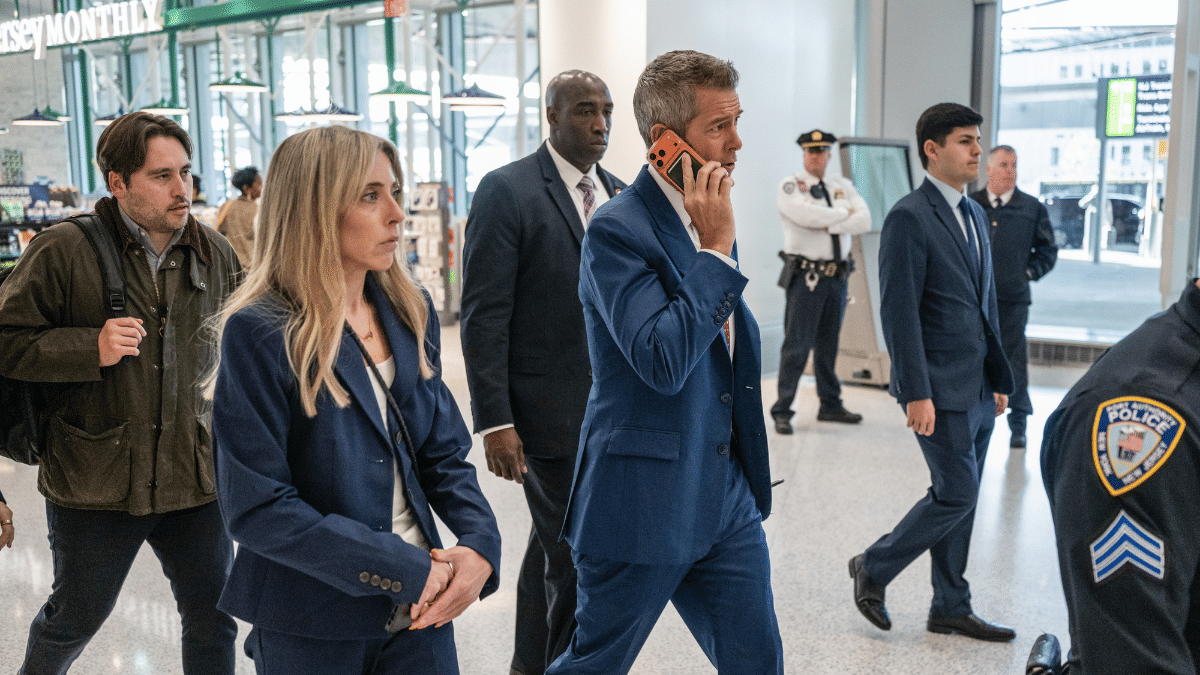 Sean Duffy at Newark Liberty International Airport in New Jersey | Bloomberg