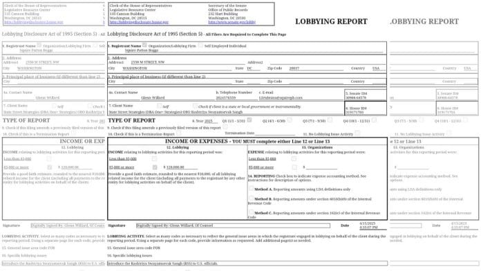 Lobbying disclosure to US Senate | Source: https://lda.senate.gov/