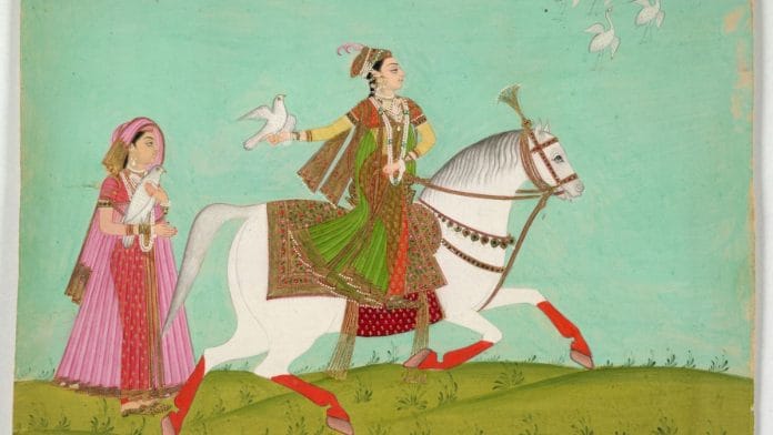 A painting depicting Chand Bibi hawking on a white horse | Photo: Wikimedia Commons