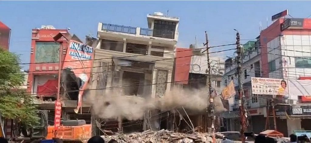 Avas Vikas Parishad bulldozers tear down shops in Meerut’s Shastri Nagar Central Market. The demolition followed a Supreme Court order calling for unauthorised commercial use of residential plots to be dealt with an “iron hand" | Screengrab